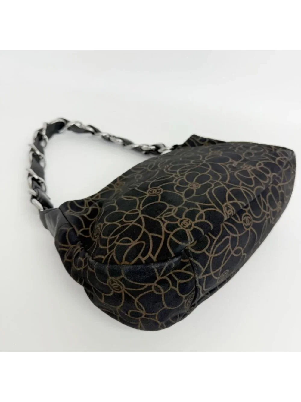Chanel Camellia Print CC Logo Chain Shoulder Bag Suede Leather Black Silver